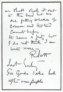 Siste side i dagboken til polfareren Robert Falcon Scott, leder av den skjebnesvangre britiske ekspedisjonen til Sydpolen, 29. mars 1912 (litho)