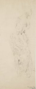 Skisse av kvinne i kjole med blomstertrykk, muligens for Moods to Music-veggmaleri, 1893-98 (grafitt og gul blyant på gulfarget papir) av Robert Frederick Blum