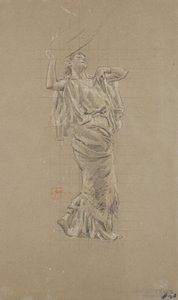Studie av kvinneskikkelse for Moods to Music veggmaleri (svart og hvitt kritt på papir) av Robert Frederick Blum