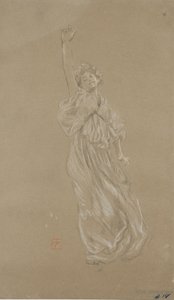 Studie av stående drapert kvinneskikkelse, for Moods to Music veggmaleri (svart-hvitt kritt på papir) av Robert Frederick Blum