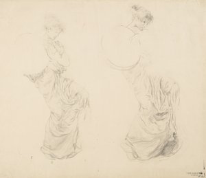 Studie av to kvinnelige figurer for Moods to Music veggmaleri, 1893-95 (grafitt med rød blyant på buffvevd papir) av Robert Frederick Blum