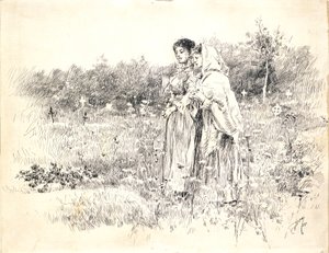 To jenter som står foran en grav av Robert Frederick Blum