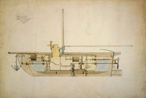 Originaltegning av Nautilus, den første undervannsbåten (ubåt), presentert av oppfinneren Robert Fulton (1765-1815) til det amerikanske senatet i 1806.