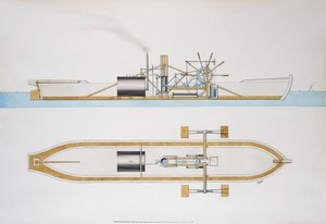 Dampbåt designet av Robert Fulton, akvarell, USA