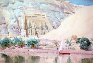 Abu Simbel, akvarell. Robert Talbot-Kelly (1861–1934) engelsk orientalistisk landskapsmaler. De store kalksteinsstatuene av Ramses II ved inngangen sett fra Nilen. Egypt-landskap Vannruiner