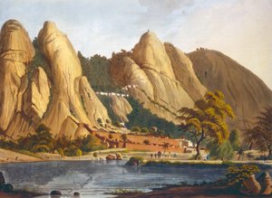 Sørvisning av Sewandroog, illustrasjon fra Twelve Views of Mysore, landet Tippoo Sultan gravert og farget av J.W. Edy, utgitt 1804 (farget akvatint) av Robert H. Colebrooke