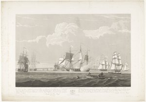 Avgang av tolv nederlandske handelsskip fra Portsmouth havn, 1833 (Plate 3) Dette settet med tre plater som viser avgangen fra Portsmouth havn den 2. juni 1833 av 12 Nederlandsche Koopvaardy-skip fra Embargo losset av Robert Havell (II)