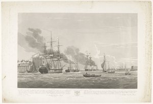 Avgang av tolv nederlandske handelsskip fra Portsmouth Harbour, 1833 (Plate 2) Dette settet med tre plater som viser avgangen fra Portsmouth havn den 2. juni 1833 av 12 Nederlandsche Koopvaardy-skip fra Embargo losset av Robert Havell (II)