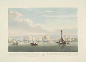 Avgang av tolv nederlandske handelsskip fra Portsmouth Harbour, 1833 (Plate 1) Dette settet med tre plater som viser avgangen fra Portsmouth havn den 2. juni 1833 av 12 Nederlandsche Koopvaardy-skip fra Embargo losset av Robert Havell (II)