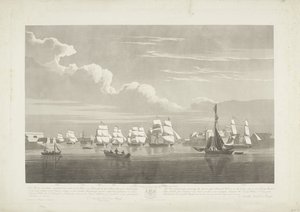 Avgang av tolv nederlandske handelsskip fra Portsmouth Harbour, 1833 (Plate 1) Dette settet med tre plater som viser avgangen fra Portsmouth havn den 2. juni 1833 av 12 Nederlandsche Koopvaardy-skip fra Embargo losset av Robert Havell (II)