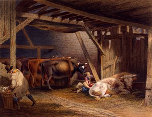 Fjøs (håndfarget akvatint)