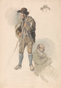 Figurstudier: En gårdsarbeider, Mr. Samuel, tegnemesteren lener seg og døser, og en liten skisse av en mann i hatt av Robert Hills