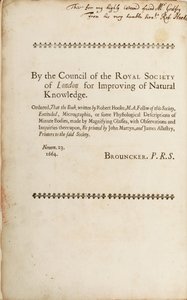 Signert side fra "Micrographia: or Some Physiological Descriptions of Minute Bodies Made by Magnifying Glasses", 1665 av Robert Hooke
