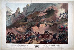 I 1799 kjempet Napoleons tropper på Djevelens bro mot russerne kommandert av general Souvarov - Russian Army Crossing the Devil