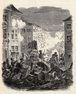 Barrikadekamper ved Cölln rådhus i Berlin natten 18. til 19. mars 1848. av Robert Kretschmer