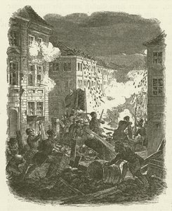 Slagsmål ved en barrikade utenfor Kolln rådhus i Berlin natten 18. til 19. mars 1848 av Robert Kretschmer