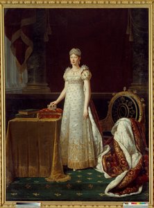 Portrett av impress Marie Louise av Østerrike (Marie-Louise) (1791-1847), kone til Napoleon I, representerte Regente of the Empire og iført et Chaumet diamantsett donert av Napoleon i 1812 - Bak henne, en lenestol i Empire-stil dekorert Napoleons "N"