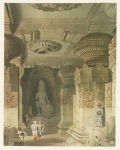 Interiør av Indra Subbas huletempel i Ellora, fra bind II av Scenery, Costumes and Architecture of India, tegnet av David Roberts (1796-1864) etset av Thomas Kearnan (fl.1821-50) og gravert av Robert Melville Grindlay