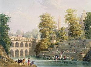 Utsikt over broen nær Baroda i Guzerat, fra bind II av "Scenery, Costumes and Architecture of India", etset av J. Willis og H. Melville, gravert av Charles Bentley (1806-54) pub. av Smith, El