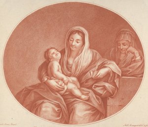 Jomfruen satt med spedbarnet Kristus sovende i fanget hennes, Saint Elizabeth til høyre, en..., 1776. av Robert Menageot