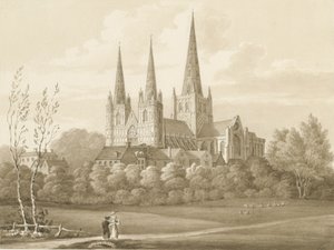 Lichfield Cathedral - West South West View: sepia-tegning