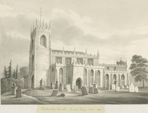 Penkridge Church: sepia vasketegning, 1831 av Robert Noyes