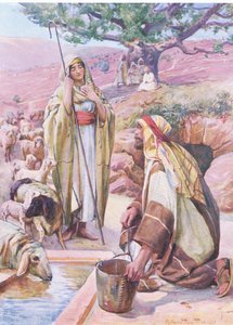 Rachel ved brønnen, fra The Bible Picture Book utgitt av Thomas Nelson, ca. 1950 av Robert Payton Reid