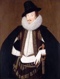 Portrett av Sir Charles Cornwallis, i en pelstrimmet svart kappe, hvit dublett og brun, gullbrodert vest, av Robert Peake