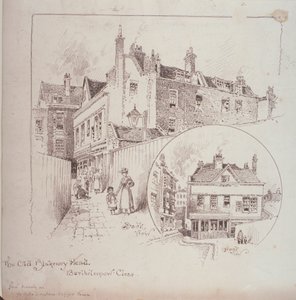 Baksiden av Old Blakeney Head Inn, Bartholomew Close, London, ca. 1900 av Robert Randoll