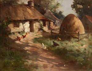 Hens By a Haystack (olje på lerret)