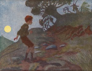 En gutt redd for mørket (fargelitografi)