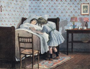 En liten jente ved sengen til sin syke mor venter på krigen. Illustrasjon av Robert Salles (1871-1929) i "" Je sais Lire"". av Robert Salles