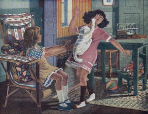 Annettes lille katt: en hvit katt klør ansiktet til en liten jente som leker med vennen sin. Illustrasjon av Robert Salles (1871-1929) i "" Je sais Lire"". av Robert Salles