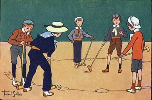 Ball for timer (ferdighetsspill med baller og klubber). Gravering i "" Hva spiller vi? “” av E. Weber med akvarelltegninger av Robert Salles (1871-1929). Librairie Garnier Freres, Paris av Robert Salles