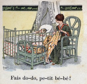 Barnebok "" Jeg skal lese - Metodisk og morsomt alfabet av en pappa""" 1926. Illustrasjon av Robert Salles (1871-1929). "" Sov, baby baby! "". En mor syr på barnets rom og venter på at babyen skal sove. av Robert Salles