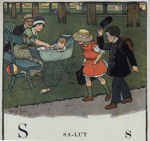 Barnebok "" Jeg skal lese - Metodisk og morsomt alfabet av en pappa""" 1926. Illustrasjon av Robert Salles (1871-1929). Abecedary: bokstav S som Salut. En gutt hilser på et par og babyen deres ved å løfte hetten. av Robert Salles