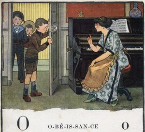 Barnebok "" Jeg skal lese - Metodisk og morsomt alfabet av en pappa""" 1926. Illustrasjon av Robert Salles (1871-1929). Abecedary: bokstav O som lydighet. En mor skjeller ut guttene sine. av Robert Salles