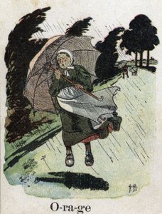 Barnebok "" Jeg skal lese - Metodisk og morsomt alfabet av en pappa""" 1926. Illustrasjon av Robert Salles (1871-1929). "" Storm"": en kvinne i regnskjul med paraplyen sin. av Robert Salles