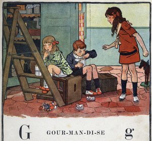 Barnebok "" Jeg skal lese - Metodisk og morsomt alfabet av en pappa""" 1926. Illustrasjon av Robert Salles (1871-1929). Abecedary: bokstav G som Gourmandise. Jente og gutter spiser kandisert frukt i hemmelighet. av Robert Salles