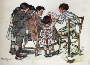Barnebok "" Jeg skal lese - Metodisk og morsomt alfabet av en pappa""" 1926. Illustrasjon av Robert Salles (1871-1929). En familiefar lærer barn å lese. av Robert Salles