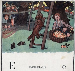 Barnebok "" Jeg skal lese - Metodisk og morsomt alfabet av en pappa""" 1926. Illustrasjon av Robert Salles (1871-1929). Abecedary: bokstav E som skala. En hund klatrer til stigen poserer mot et epletre. av Robert Salles