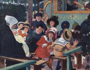 Dukketeater: Barn i guignol-teateret blir forvirret av en gråtende baby. Illustrasjon av Robert Salles (1871-1929) i "" Je sais Lire"".