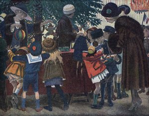 Juletreet til Lorraine Alsace: barn fra Alsace og Lorraine (Alsace-Lorraine) kommer for å hente gavene sine rundt juletreet som tilbys byen. Illustrasjon av Robert Salles (1871-1929) i "" Je sais Lire"".