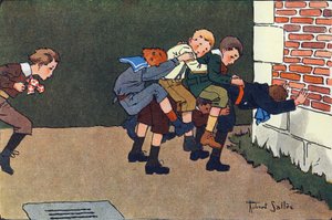 Hesten smeltet (når du hopper, må du hoppe en caliphurchon på ryggen til et annet barn, uten å banke de andre). Gravering i "" Hva spiller vi? “” av E. Weber med akvarelltegninger av Robert Salles (1871-1929). Librairie Garnier Frere av Robert Salles