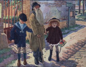 The stick of the blind: two children help a blind old man walk. Illustration by Robert Salles (1871-1929) in “” Je sais Lire””.