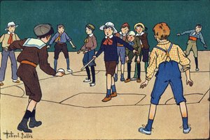 Theque (lagspill med ball og stokk). Gravering i "" Hva spiller vi? “” av E. Weber med akvarelltegninger av Robert Salles (1871-1929). Librairie Garnier Freres, Paris av Robert Salles