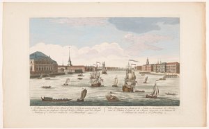 Utsikt over elven Neva i St. Petersburg, sett nedstrøms Et perspektivbilde av bredden av Neva, når du kommer nedover elven (...) (tittel på objekt)