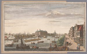Oversikt over Admiraliteitsmagazijn i Amsterdam En utsikt over admiralitetet i Amsterdam, av butikkhusene, bryggene og bryggene, som tilhører det, og til East India Company of Holland (tittel på objekt)