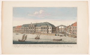 Utsikt over vinterpalasset og kanalen mellom elvene Mojka og Neva i St. Petersburg En utsikt over det antiente vinterpalasset som tilhører hennes keiserlige majestet, og av kanalen som forbinder Moikaen med Neva, ved St. Petersburg (tittel på obje)