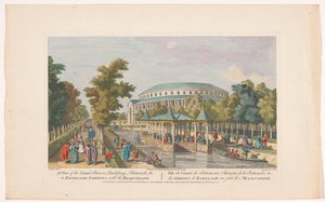 Utsikt over Rotunden og den kinesiske paviljongen på kanalen i Londons Ranelagh Gardens med et maskeradeball Utsikt over kanalen, kinesisk bygning, Rotundo osv. ved Ranelagh Gardens, med maskerade (tittel på objekt) Ranelagh Gardens og Vauxhall G